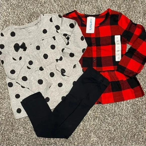 #19 Carters Girls Red Black Checkered Gray and Black Polka Dots Set W/ Leggings - Picture 2 of 12